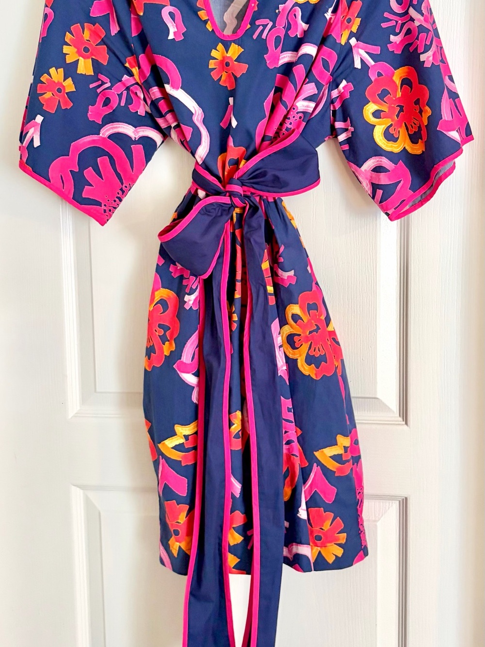 Frances Valentine Navy Wrap Dress with Pink & Orange Floral Print